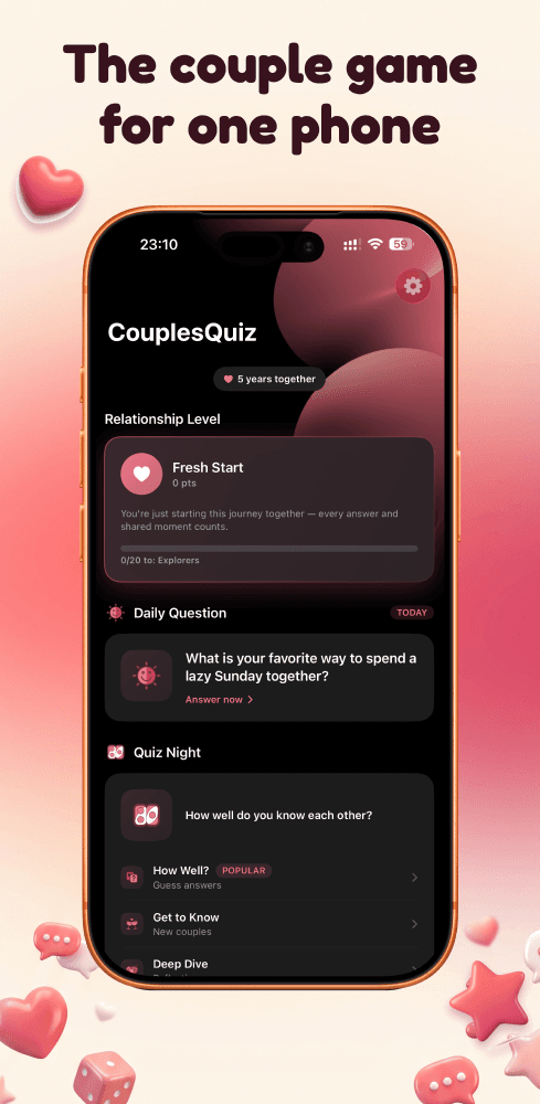 CouplesQuiz home screen with the daily question and Quiz Night
