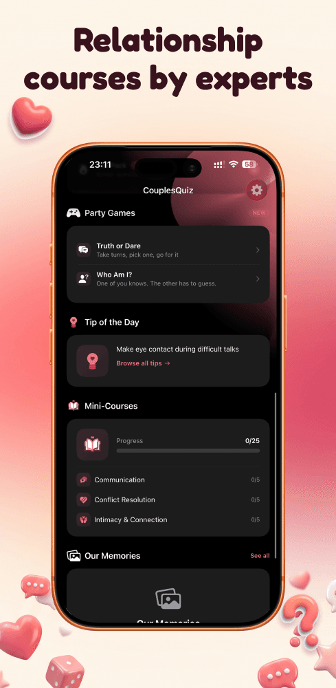 CouplesQuiz relationship courses screen